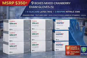 MSRP $350 9 BOXES MIXED CRANBERRY EXAM GLOVES (S), 6 SILKCARE LATEX 7816  3 INSPIRE NITRILE 3386, POWDER-FREE, TEXTURED GRIP, SKIN CONDITIONING LANOLIN VITAMIN E, MEDICAL DENTAL LAB USE, MIXED INVENTORY LOT
