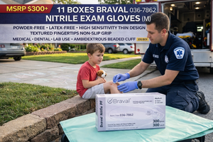 MSRP $300 11 BOXES BRAVAL 036-7862 NITRILE EXAM GLOVES (M), POWDER-FREE LATEX-FREE, HIGH SENSITIVITY THIN DESIGN, TEXTURED FINGERTIPS NON-SLIP GRIP, EMS MEDICAL DENTAL LAB USE, AMBIDEXTROUS BEADED CUFF, 300BOX