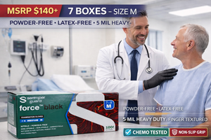 MSRP $140 7 BOXES SEMPERGUARD BKNF103 FORCE BLACK NITRILE EXAM GLOVES (M), POWDER-FREE LATEX-FREE, 5 MIL HEAVY-DUTY, FINGER TEXTURED NON-SLIP GRIP, BEADED CUFF, MULTI DRUGCHEMO TESTED, POLICE AUTO DETAIL MECHANIC TATTOO USE, 100BOX