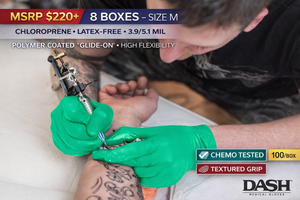 MSRP $220 8 BOXES DASH TRUE COMFORT CHLOROPRENE EXAM GLOVES (M), NEOPRENE, 3.9 MIL PALM 5.1 MIL FINGER, POLYMER COATED EASY DONNING GLIDE-ON, LATEX-LIKE ELASTICITY HIGH FLEXIBILITY, TEXTURED GRIP, CHEMO TESTED, MECHANIC DENTAL LAB TATTOO USE