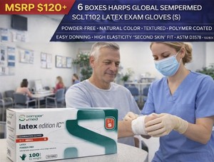 MSRP $120 6 BOXES HARPS GLOBAL SEMPERMED SCLT102 LATEX EXAM GLOVES (S), POWDER-FREE, NATURAL COLOR, TEXTURED GRIP, POLYMER COATED EASY DONNING, HIGH ELASTICITY SECOND SKIN FIT, ASTM D3578 MEDICAL DENTAL LAB USE, 100BOX