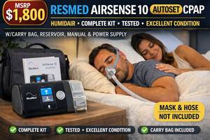 MSRP $1,800 RESMED AIRSENSE 10 AUTOSET AUTO CPAP MACHINE wHUMIDAIR HEATED HUMIDIFIER PROFESSIONAL SLEEP THERAPY DEVICE WCARRY BAG, RESERVOIR, MANUAL &amp POWER SUPPLY - EXCELLENT WORKING CONDITION MASKHOSE NOT INCLUDED