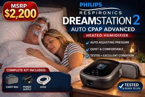 MSRP $2,200 PHILIPS RESPIRONICS DREAMSTATION 2 AUTO CPAP ADVANCED MACHINE COLOR TOUCHSCREEN DISPLAY HEATED HUMIDIFIER PROFESSIONAL SLEEP THERAPY DEVICE WCARRY BAG, POWER SUPPLY, HOSE &amp NEW FILTER  EXCELLENT WORKING CONDITION