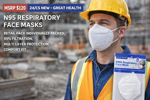 MSRP $120 24CS NEW GREAT HEALTH N95 RESPIRATORY FACE MASKS RETAIL PACK INDIVIDUALLY PACKED, 95% FILTRATION, MULTI LAYER PROTECTION, COMFORT FIT