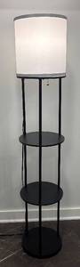 lot 31 image: LL - Black Floor Lamp with 3 Round Shelves & White Fabric Shade