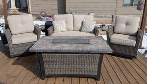BY - Four-Piece Patio Set - 2 Chairs, Sofa & Fire Table with Beige Cushions