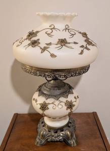 LL - Vintage White Glass Globe Table Lamp, Gold Floral Embellishments
