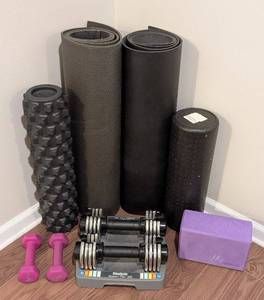 LL - Assorted Yoga Mats, Foam Rollers, Blocks & Dumbbells