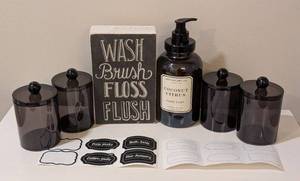 LL - Wash Brush Floss Flush Chalkboard Sign - Coconut Citrus Hand Soap - 4 Dark Glass Canisters