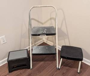 LL - Cosco 2-Step Folding Ladder & 2 Black Plastic Step Stools - 3-Piece Set