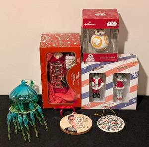 LL - Glass Jellyfish Ornament - BB-8 Hallmark Ornament - Red Telephone Booth - Skeleton Santa Duo - Ruth Bader Ginsburg Disc - 2020 Remember Disc - 6-Piece Set