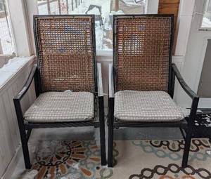 P - Patio Chairs - Pair, Black Metal Frame, Woven Back, Cushioned Seats