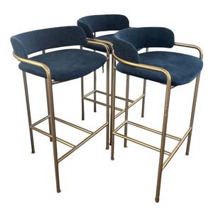 K - Three West Elm Counter Height Navy Velvet and Brass Stools
