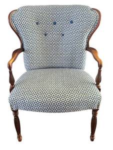 LR - Vintage Armchair - Blue Diamond Upholstery and Carved Wood Arms