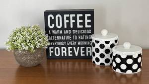 LR - Coffee Sign, Faux Plant & 2 Sephora Jars - Decorative Home Decor