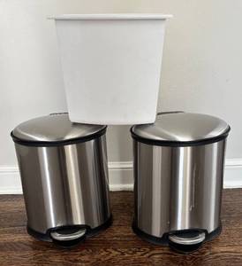 BR1 - Three Waste Baskets - Stainless Steel Pedal Cans & White Rectangular Bin
