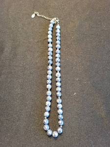 Blue Stone Beaded Necklace - Marbled Blue Beads on Silver Chain, Adjustable Extender