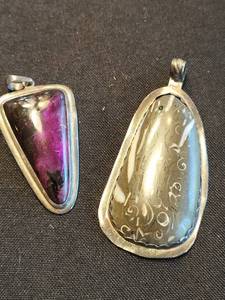 Sterling Silver Pendants - Purple Stone Cabochon & Engraved Gray Stone