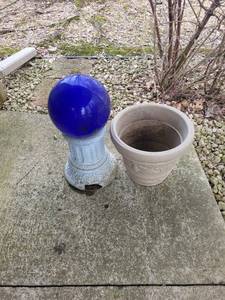 Blue Glass Gazing Ball on Ornate Pedestal & Beige Planter