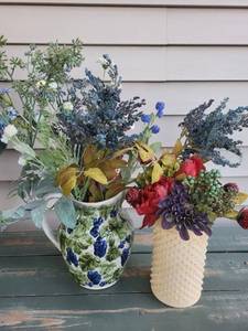 Ceramic Vases - Pair with Blue Grapes Pattern & Dried Floral Arrangements