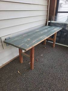 Weathered Green Wooden Outdoor Bench with Plank-Top