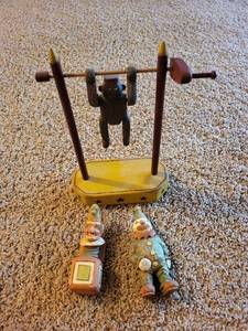 Hand-Carved Wooden Circus Figure Set - Gorilla on Bar with Clowns