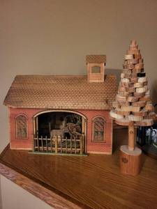 Vintage Wooden Toy House with Horses & Tree Sculpture