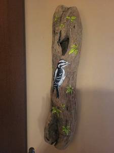 Driftwood Wall Sculpture - Painted Woodpecker on Natural Log