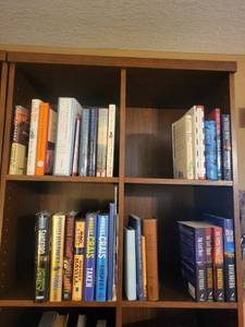 Christian & History Books - Assorted Titles on Wooden Shelf
