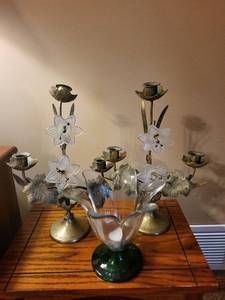 Brass Floral Candelabra Pair with Frosted Glass Lily Accents