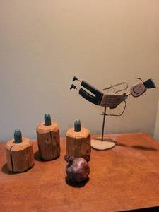 Folk Art Halloween Scene Metal Figure & 3 Carved Wood pumpkins