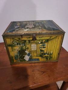 Vintage Tin Storage Box - Colorful Kitchen Scene - Brass Latch