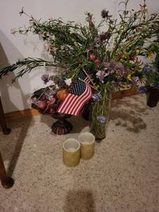 Floral Centerpiece in Glass Vase with American Flags - Mixed Wildflowers