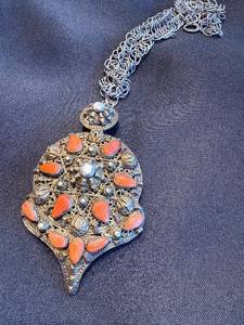 Antique silver tabzimt pendant with filigree and enamel detail - coral teardrops