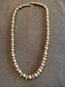 Hematite Bead Necklace - 18in with Floral Starburst Spacers