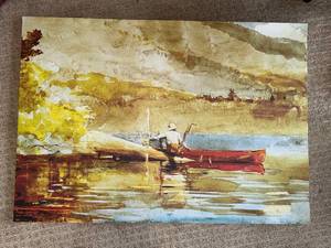 Impressionist Lake Landscape Canvas - Man in White Hat on Red Boat (approx 40 in wide)