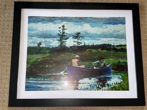Framed Landscape Print - Two Men in Blue Rowboat on a Lake