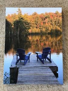 Lakeside Dock Scene Canvas Print - 2 Blue Adirondack Chairs, Autumn Trees