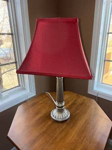 Table Lamp - Silver-Tone Pedestal Base, Red Fabric Shade
