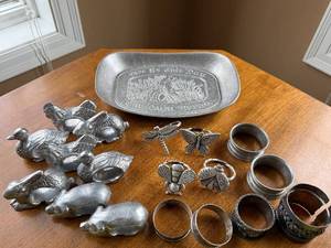 Vintage Pewter Napkin Rings in Animal, Dragonfly & Bee Shapes with Decorative Tray