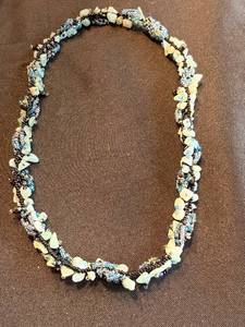 Blue & Black Beaded Necklace - Light Aqua Chip Beads & Crystal Accents