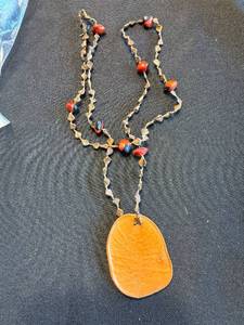 Necklace - Oval Wooden Pendant Beaded with Red Accent Beads