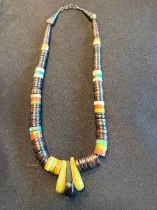 African Bead Necklace - Dark Disc Beads with Multicolor Ring Spacers & Pendant
