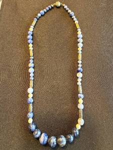 Blue Stone Bead Necklace with Gold-Tone Spacers and Large Center Bead