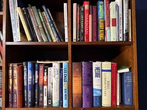 Bible & Theology Book Collection - Assorted Religious Texts on Wood Shelf
