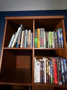 Books - Assorted Paperback & Hardcover Collection on Wood Shelf