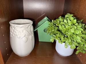 White Ceramic Vase with Leaf Motif & Jade Plant in White Pot & Green Birdhouse