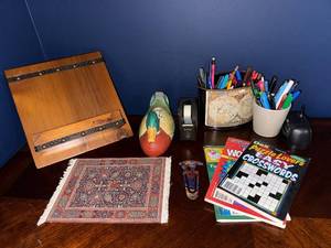 Wooden Box with Metal Straps, Duck Decoy, Scotch Tape Dispenser, Map Desk Organizer & Crosswords