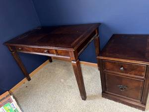 Vintage Writing Desk & Matching Pedestal Cabinet - Dark Wood Finish