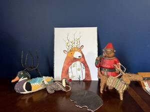 Bear Print & Assorted Holiday Figurines - Santa, Patchwork Duck, Reindeer